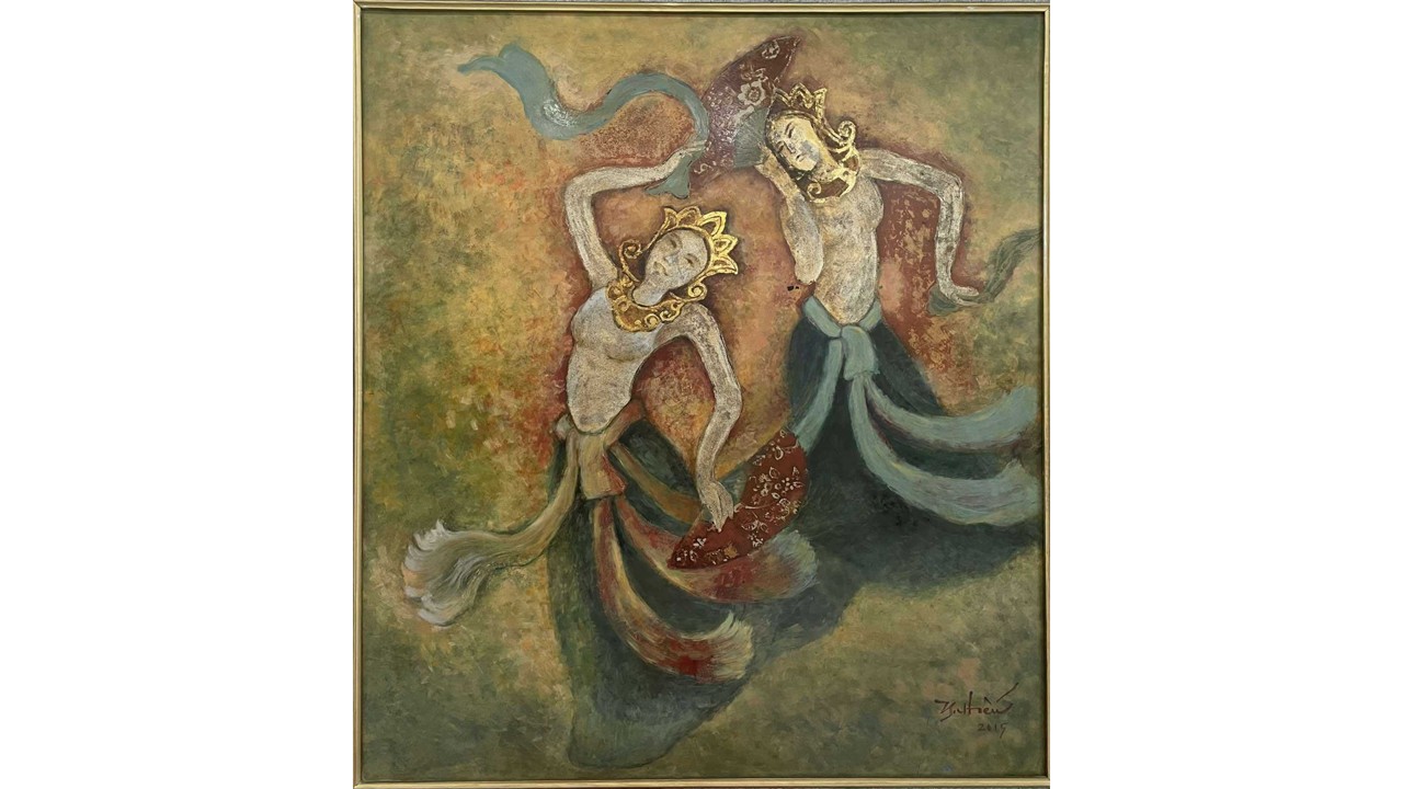 Tho Ha Temple Fairies <br> (80cm x 90cm) <br> Lacquer(2015) <br> Le Ngoc Hieu (1934-)