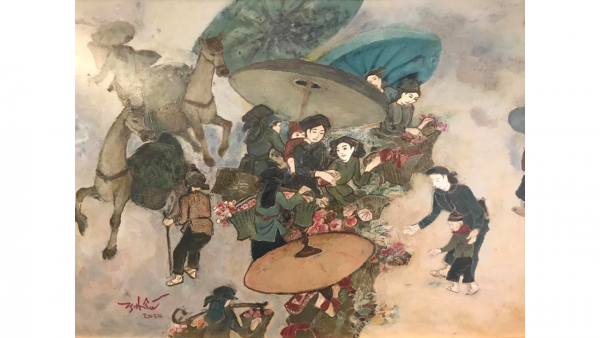 Phiên chợ vùng cao (60cm x 80cm)<br>Sơn mài (2020)<br>Lê Ngọc Hiếu (1934-)