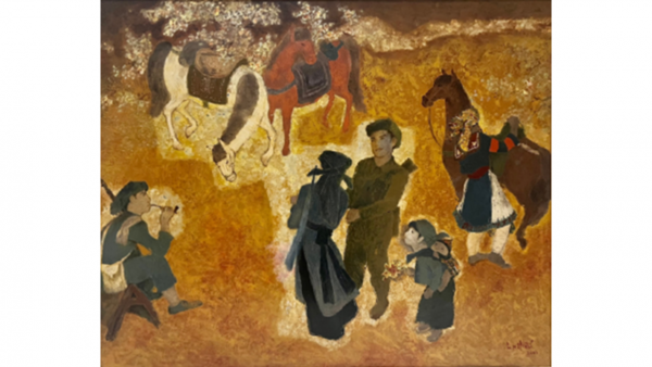 Tuần tra Biên Giới (100cm x 120cm)<br>Sơn Mài (2000)<br>Lê Ngọc Hiếu (1934-)
